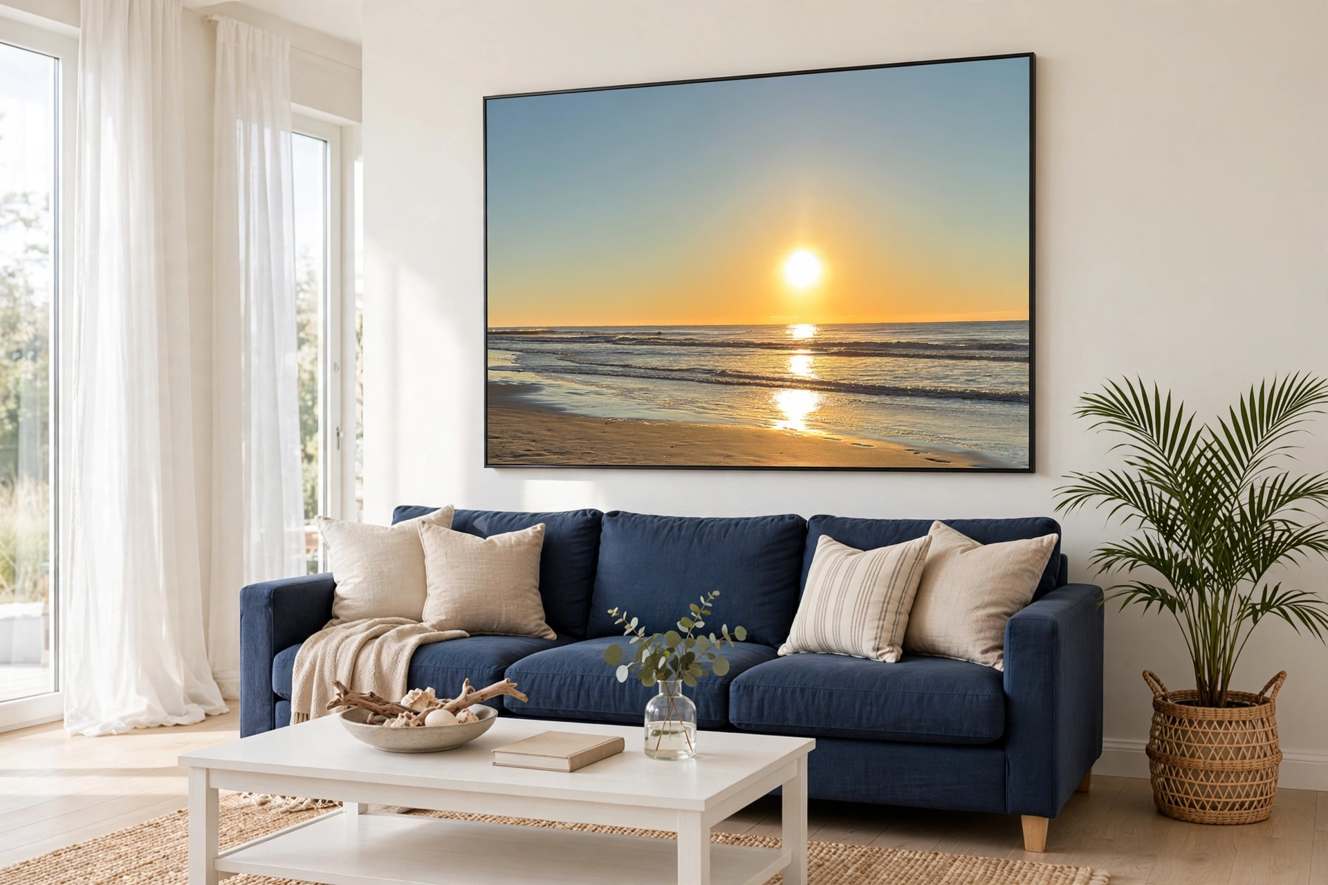 Golden Folly Beach artwork shown as a metal print above a couch in a bright coastal living room